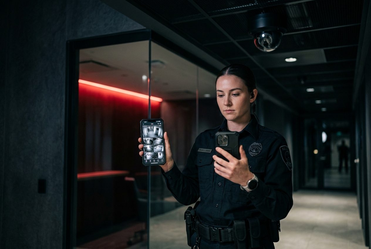 Técnico monitorando câmeras de segurança pelo celular